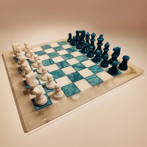 1970S Chess Set In Hand Carved Alabaster Of Volterra - White And Blue (Turquoise). Made In Italy