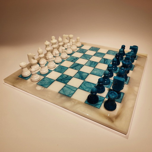 1970S Chess Set In Hand Carved Alabaster Of Volterra - White And Blue (Turquoise). Made In Italy