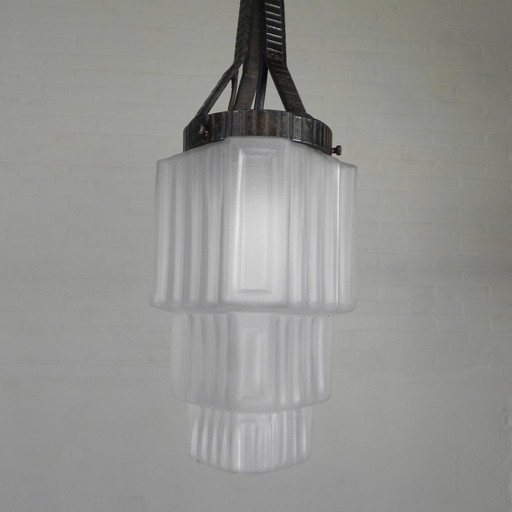 Art Deco Pendant Lamp With Stepped Glass Shade, 1930s