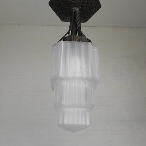 Image 1 of Art Deco Pendant Lamp With Stepped Glass Shade, 1930s