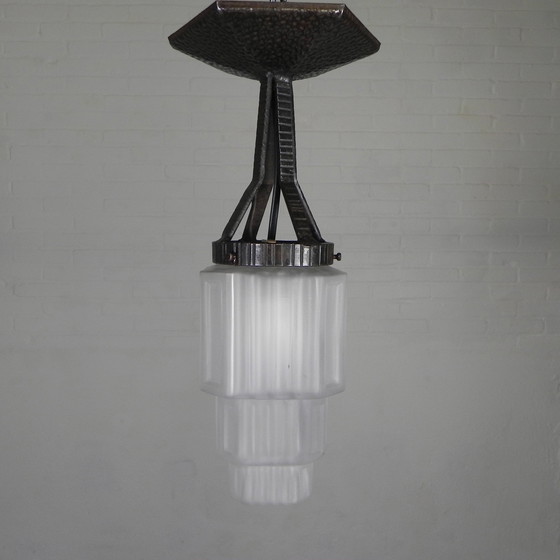 Image 1 of Art Deco Pendant Lamp With Stepped Glass Shade, 1930s