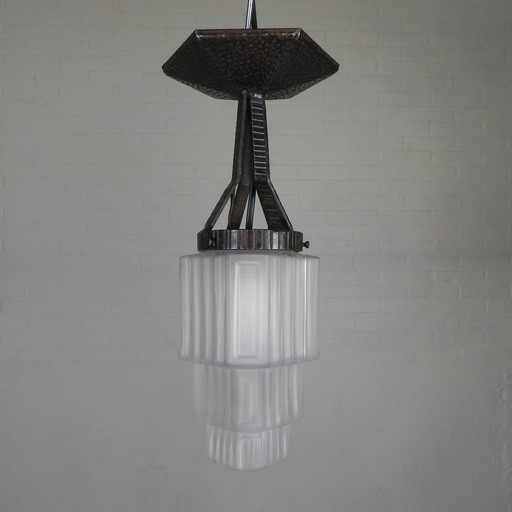 Art Deco Pendant Lamp With Stepped Glass Shade, 1930s