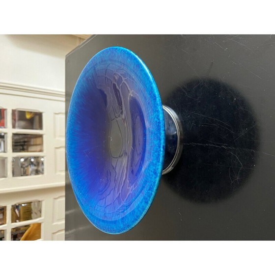 Image 1 of Vintage blue earthenware and chromed metal bowl by Paul Millet for Sévres, 1930