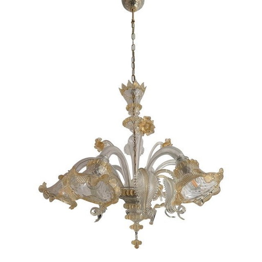 Venetian Transparent And Gold Murano Style Glass Chandelier With Flowers And Leaves