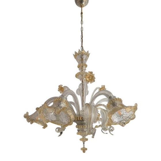 Image 1 of Venetian Transparent And Gold Murano Style Glass Chandelier With Flowers And Leaves