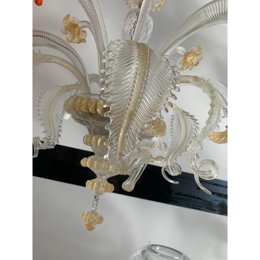 Venetian Transparent And Gold Murano Style Glass Chandelier With Flowers And Leaves