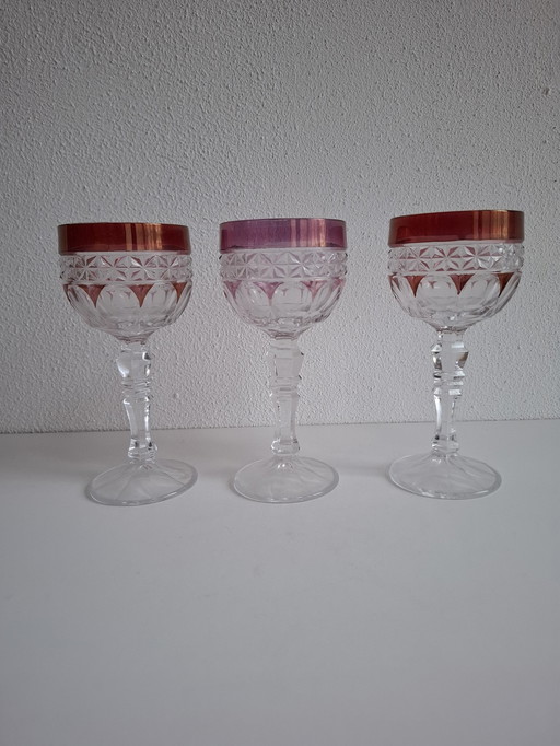 3 Colored Vintage Crystal Wine Glasses