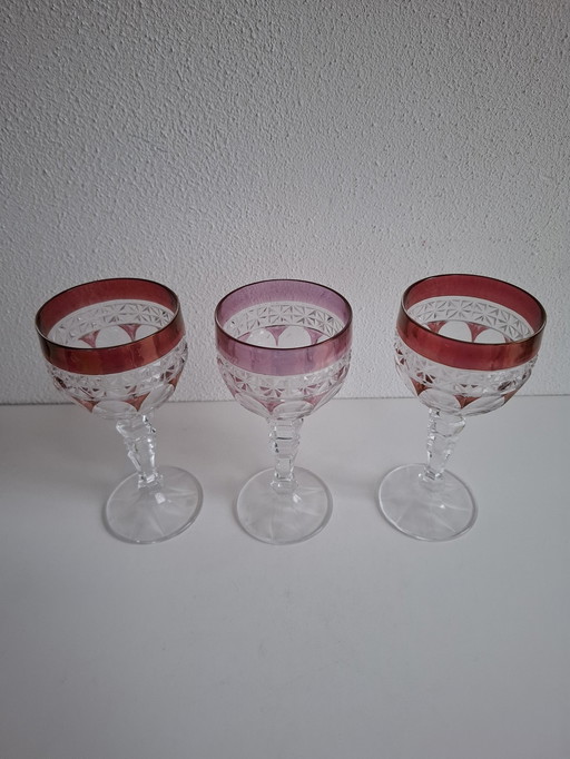3 Colored Vintage Crystal Wine Glasses
