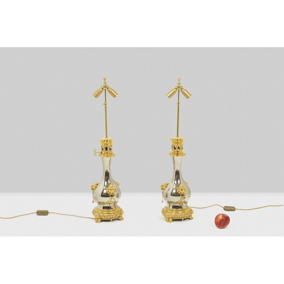 Image 1 of Pair of vintage metal and bronze lamps, France 1880