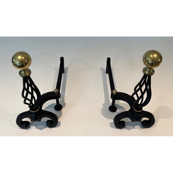 Image 1 of Pair of vintage wrought iron bedside tables topped with a brass ball, France 1970