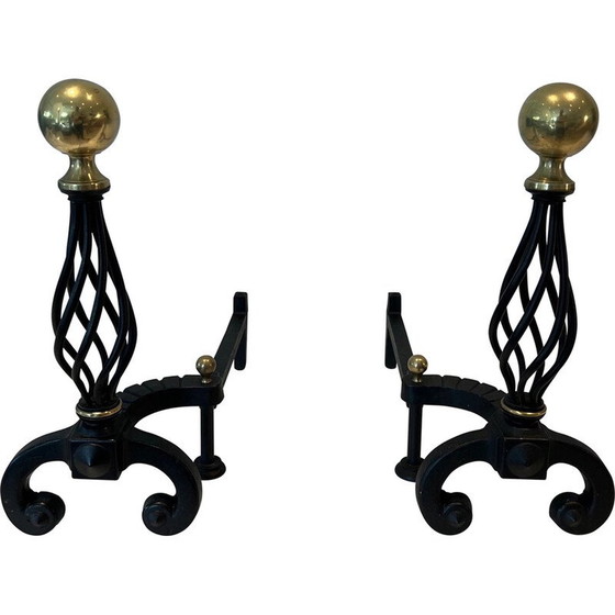 Image 1 of Pair of vintage wrought iron bedside tables topped with a brass ball, France 1970
