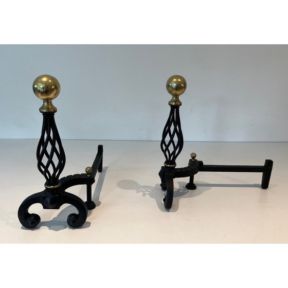 Image 1 of Pair of vintage wrought iron bedside tables topped with a brass ball, France 1970
