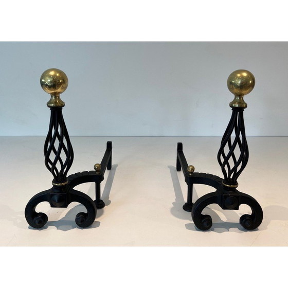 Image 1 of Pair of vintage wrought iron bedside tables topped with a brass ball, France 1970