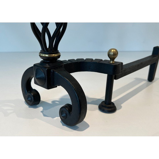 Image 1 of Pair of vintage wrought iron bedside tables topped with a brass ball, France 1970