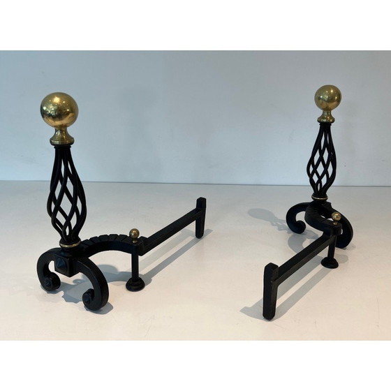 Image 1 of Pair of vintage wrought iron bedside tables topped with a brass ball, France 1970