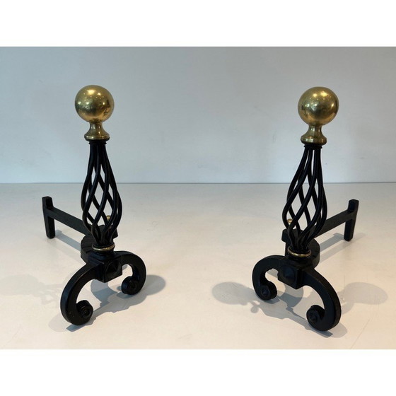 Image 1 of Pair of vintage wrought iron bedside tables topped with a brass ball, France 1970