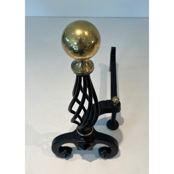 Image 1 of Pair of vintage wrought iron bedside tables topped with a brass ball, France 1970