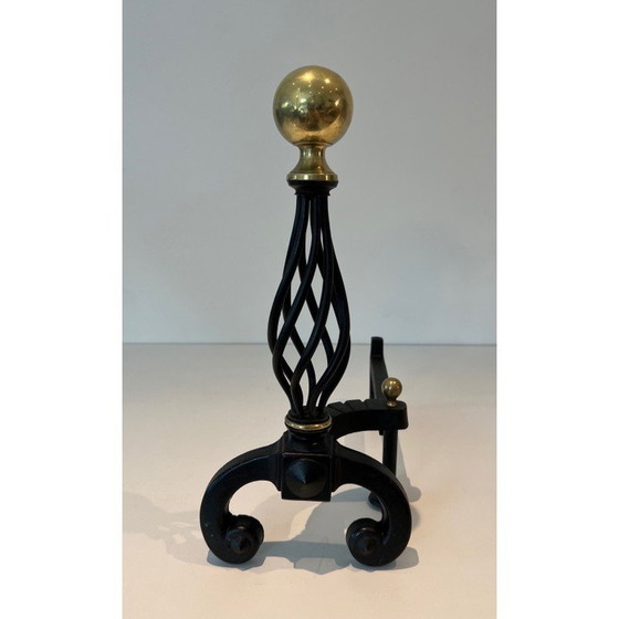 Image 1 of Pair of vintage wrought iron bedside tables topped with a brass ball, France 1970