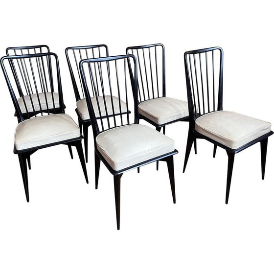 Image 1 of Set of 6 vintage lacquered wood and skai chairs by Charles Ramos, 1950