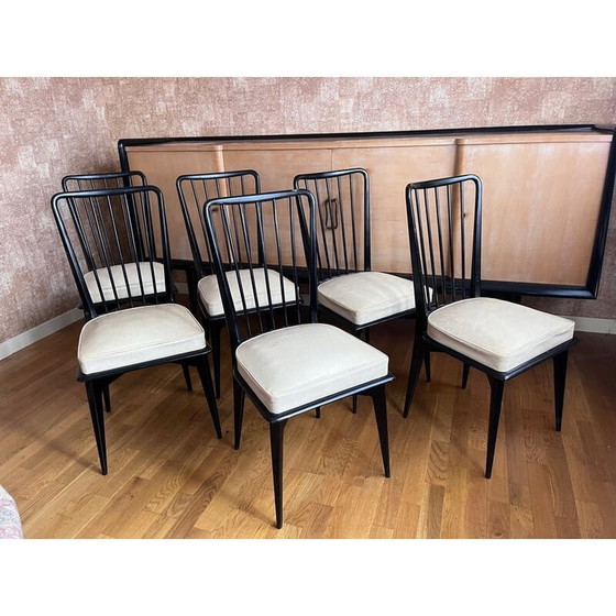 Image 1 of Set of 6 vintage lacquered wood and skai chairs by Charles Ramos, 1950