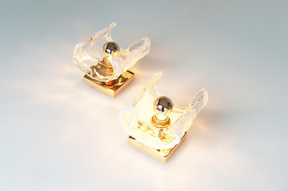 Image 1 of 2X Vintage Glass ‘Cruved’ Wall Sconces By Av Mazzega