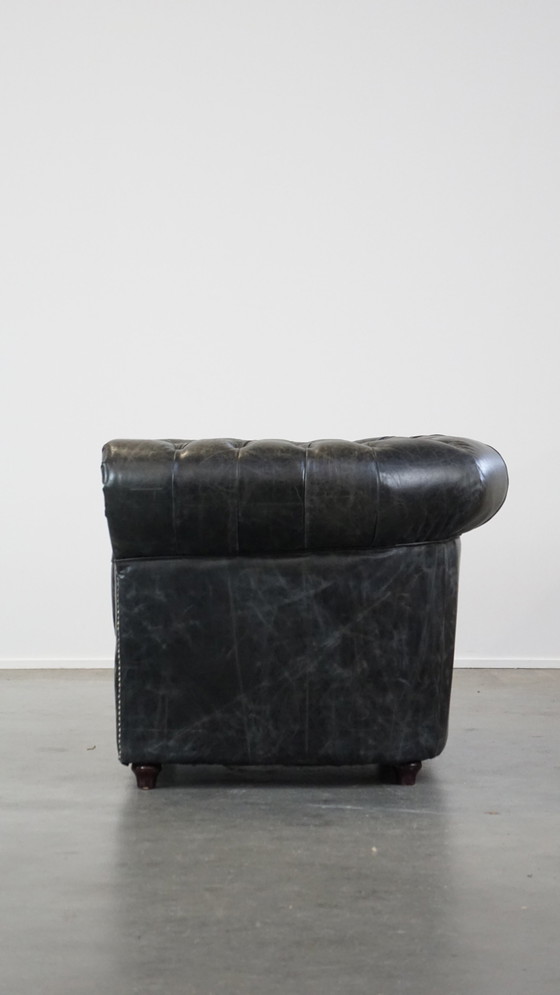 Image 1 of Black Beef Leather Chesterfield Armchair