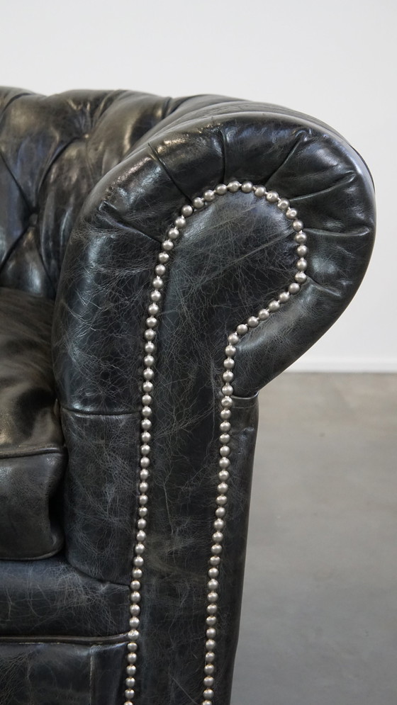 Image 1 of Black Beef Leather Chesterfield Armchair