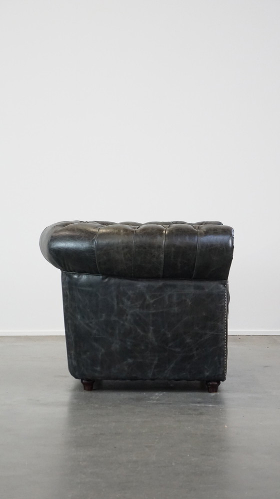 Image 1 of Black Beef Leather Chesterfield Armchair