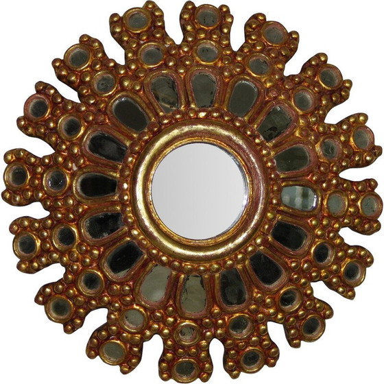 Image 1 of Vintage multi-faceted witch mirror in gilded wood, 1950