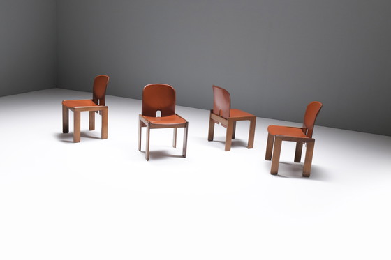 Image 1 of 121 Dining Chairs (4)  walnut & brown leather by Afra & Tobia Scarpa - Cassina