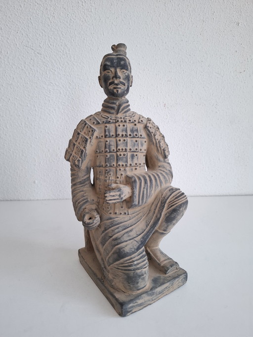 Kneeling Chinese Warrior Statue Patinated Terracotta