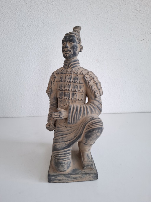 Kneeling Chinese Warrior Statue Patinated Terracotta