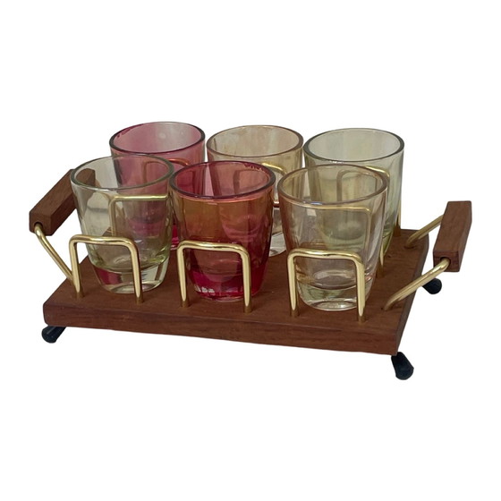 Image 1 of Ca. 1950’s - Germany - McM bar set - six low glasses, 4 long stem shot (schnapps) glasses and a teak serving tray