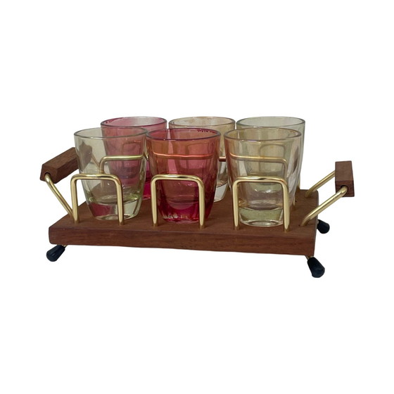 Image 1 of Ca. 1950’s - Germany - McM bar set - six low glasses, 4 long stem shot (schnapps) glasses and a teak serving tray