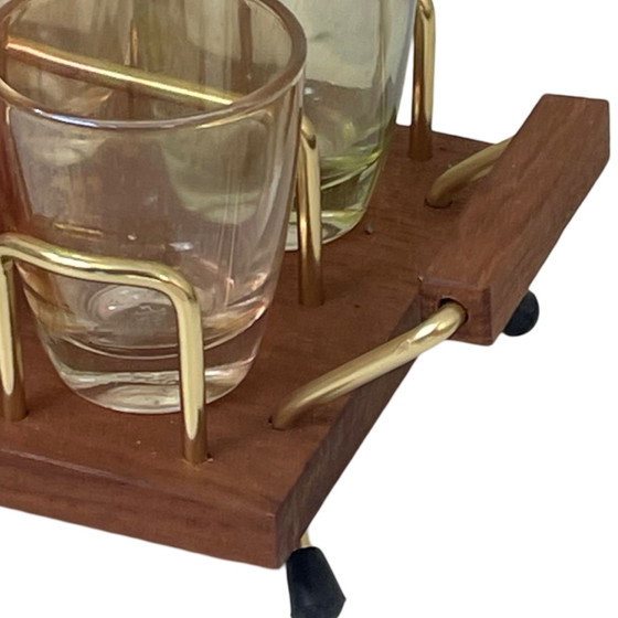 Image 1 of Ca. 1950’s - Germany - McM bar set - six low glasses, 4 long stem shot (schnapps) glasses and a teak serving tray