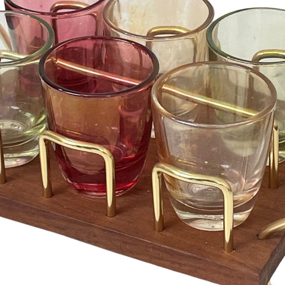 Image 1 of Ca. 1950’s - Germany - McM bar set - six low glasses, 4 long stem shot (schnapps) glasses and a teak serving tray