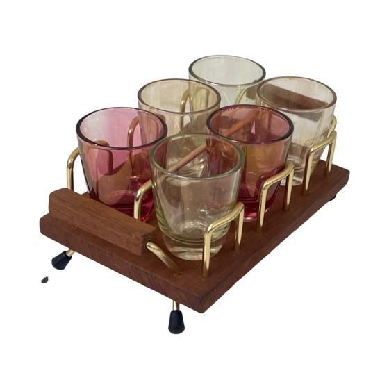 Image 1 of Ca. 1950’s - Germany - McM bar set - six low glasses, 4 long stem shot (schnapps) glasses and a teak serving tray