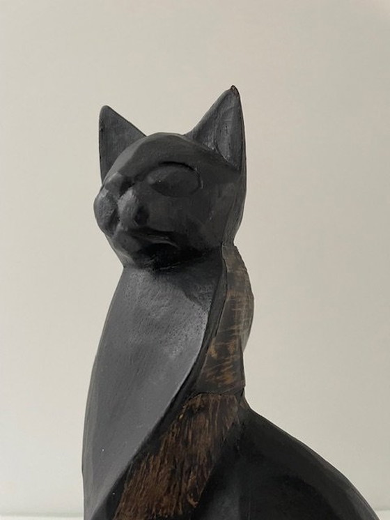Image 1 of Statua di gatto stilizzato - 31 cm di altezza - Intaglio in legno vintage