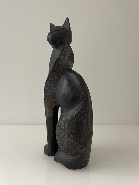 Image 1 of Statua di gatto stilizzato - 31 cm di altezza - Intaglio in legno vintage