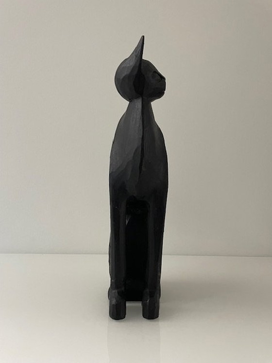 Image 1 of Statua di gatto stilizzato - 31 cm di altezza - Intaglio in legno vintage