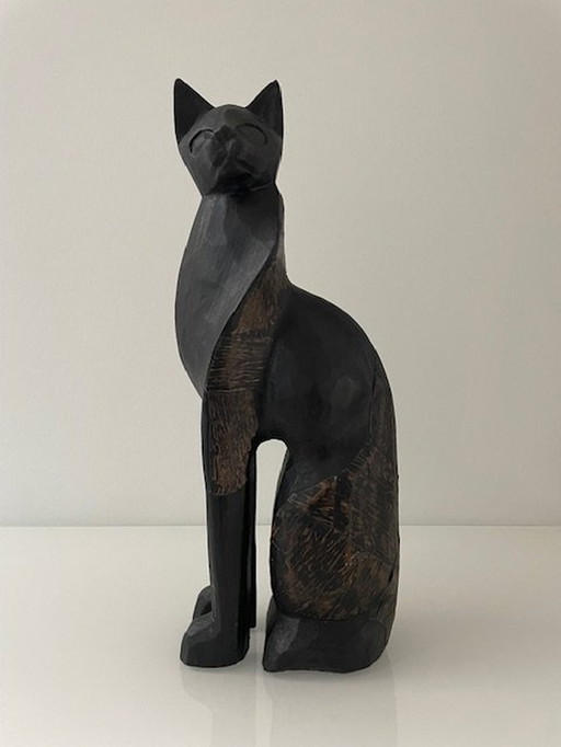 Statua di gatto stilizzato - 31 cm di altezza - Intaglio in legno vintage