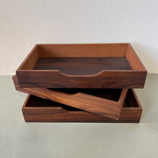 3x Vintage rosewood storage bins organizers