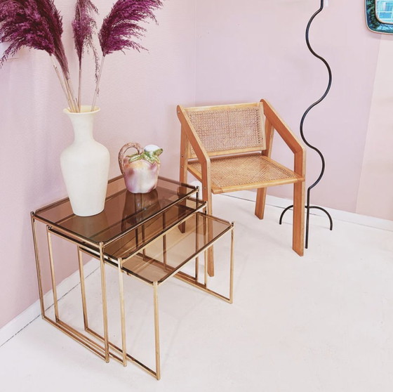 Image 1 of Side Tables - Brass And Smoke Glass.