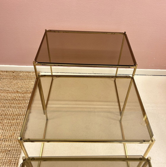 Image 1 of Side Tables - Brass And Smoke Glass.