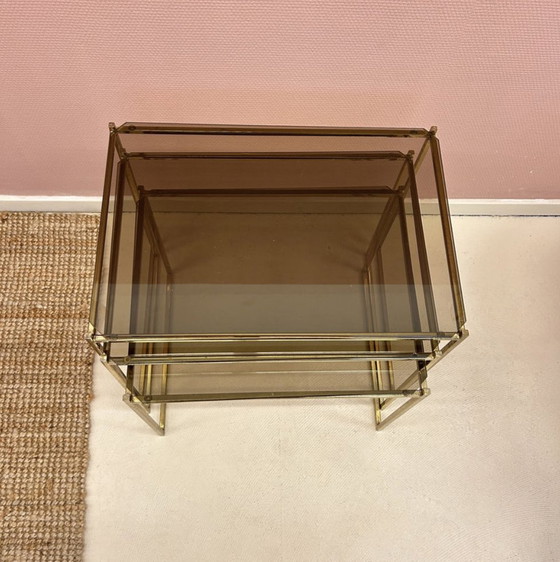 Image 1 of Side Tables - Brass And Smoke Glass.