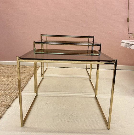 Image 1 of Side Tables - Brass And Smoke Glass.