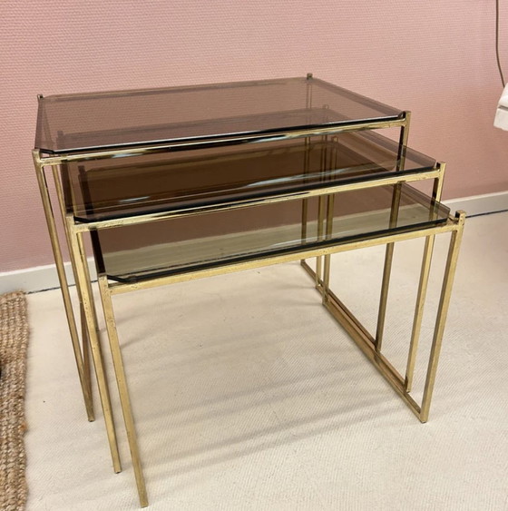 Image 1 of Side Tables - Brass And Smoke Glass.