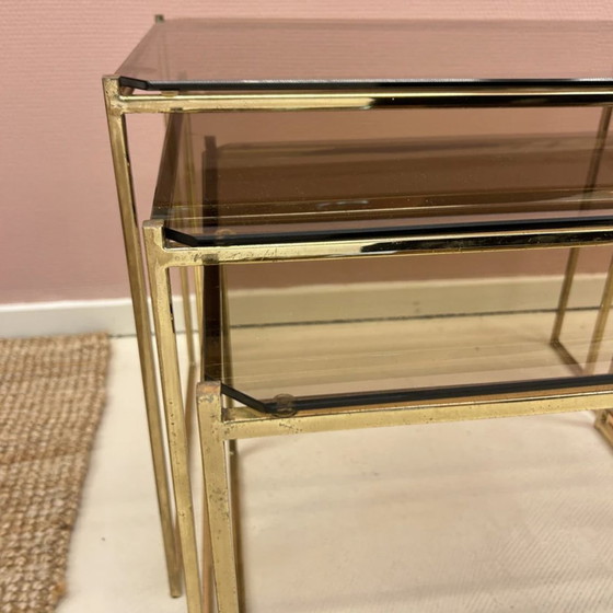 Image 1 of Side Tables - Brass And Smoke Glass.