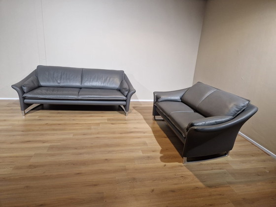 Image 1 of 2x Leolux Enora 3+2 seater Sofa Set Gray Leather Design