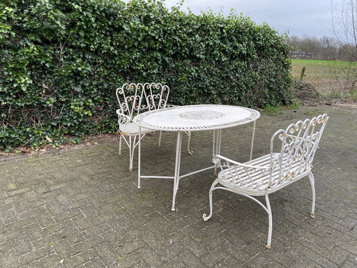 Set Of 2 Iron Garden Benches And Oval Garden Table, White